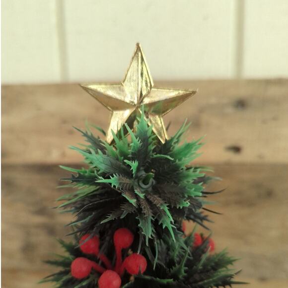 Vtg 1950s Tabletop Plastic Christmas Tree with Red Flocked Ornaments Gold Star - Picture 6 of 10